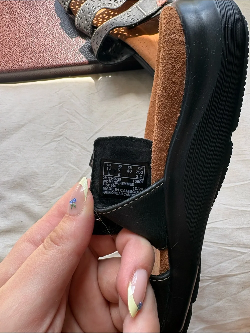 Clarks Black Laser-Cut Triple Strap Slide Sandals with Brown Insole